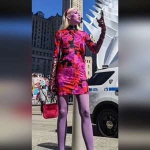 Richard Quinn Floral Print Dress US 4 Bodycon Velvet Long Sleeve Designer